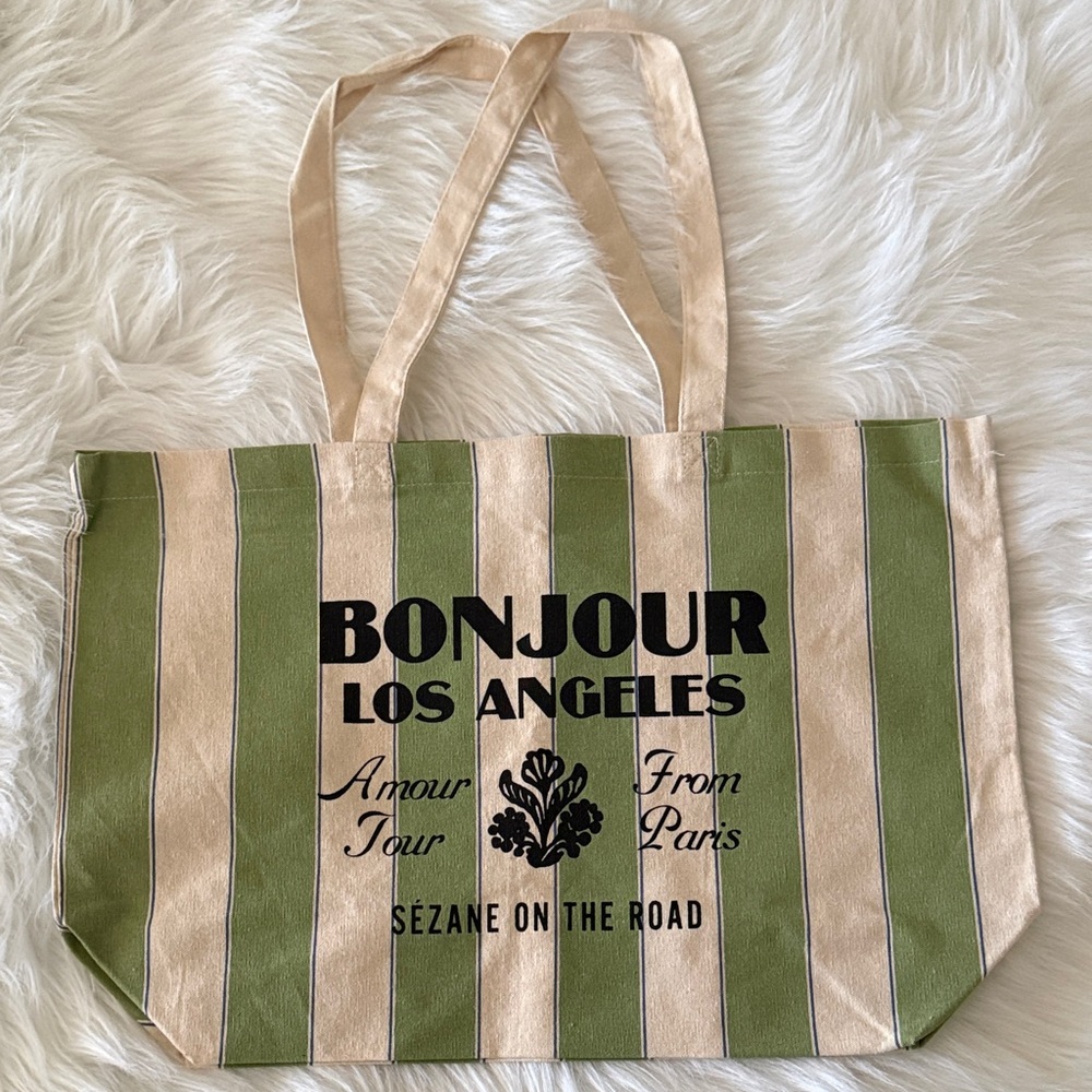 Sezane Green and Tan Striped Tote BONJOUR LA tote. New